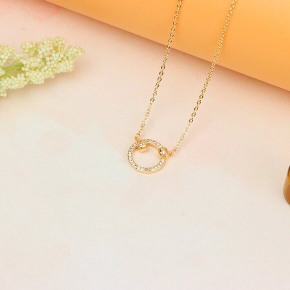 "Elegant Rose Gold Circle Pendant Necklace with Crystal Detailing, XPNL1896 - Picture 12 of 13